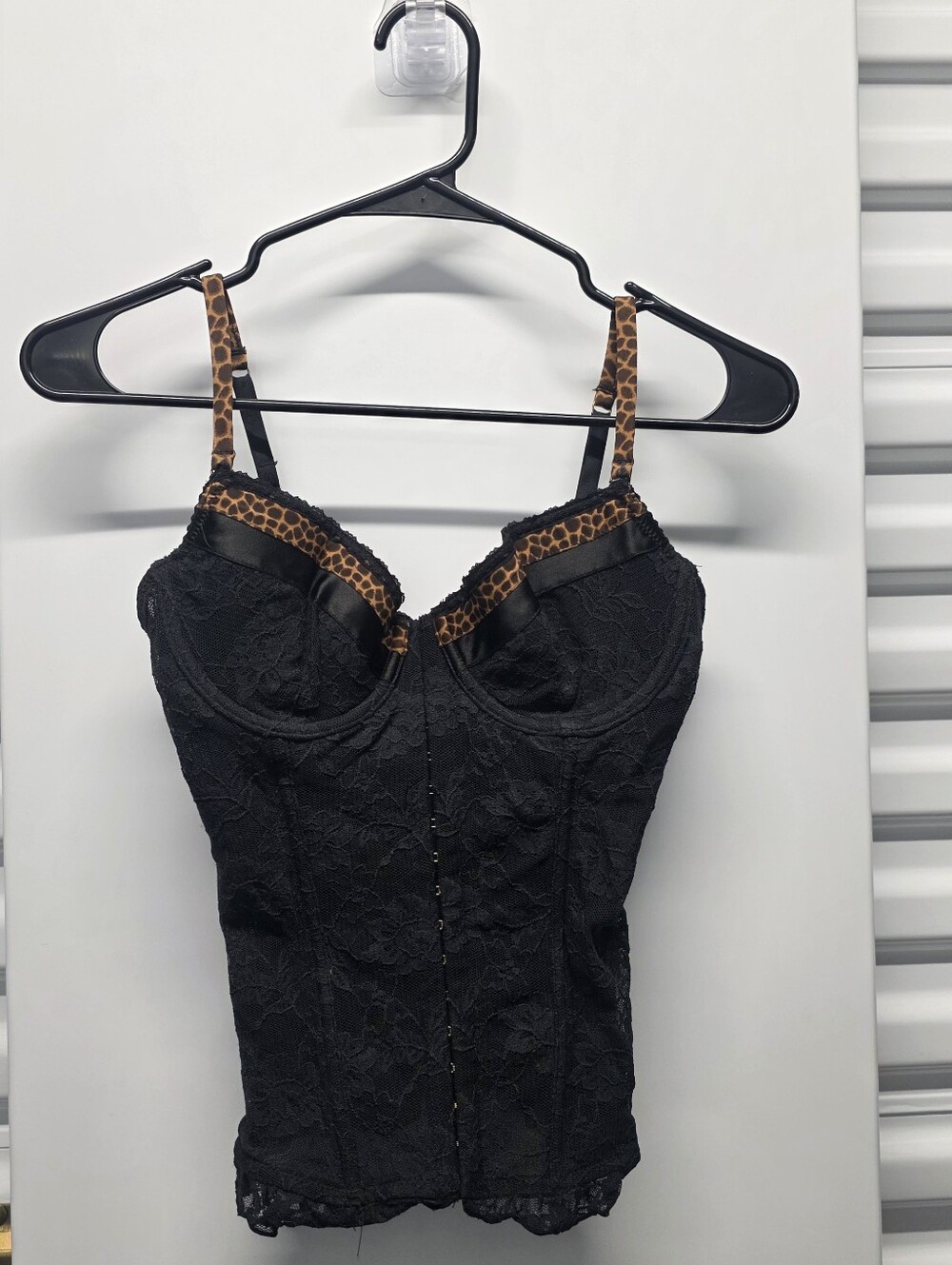 Jessica Simpson Black Lace Bustier Top Leopard Trim Y2K Baddie Mob Wife 36B